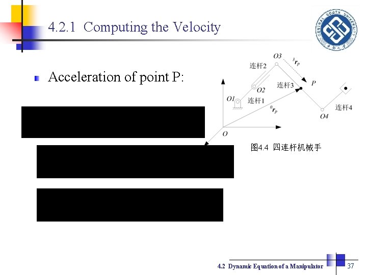 4. 2. 1 Computing the Velocity Acceleration of point P: 图 4. 4 四连杆机械手