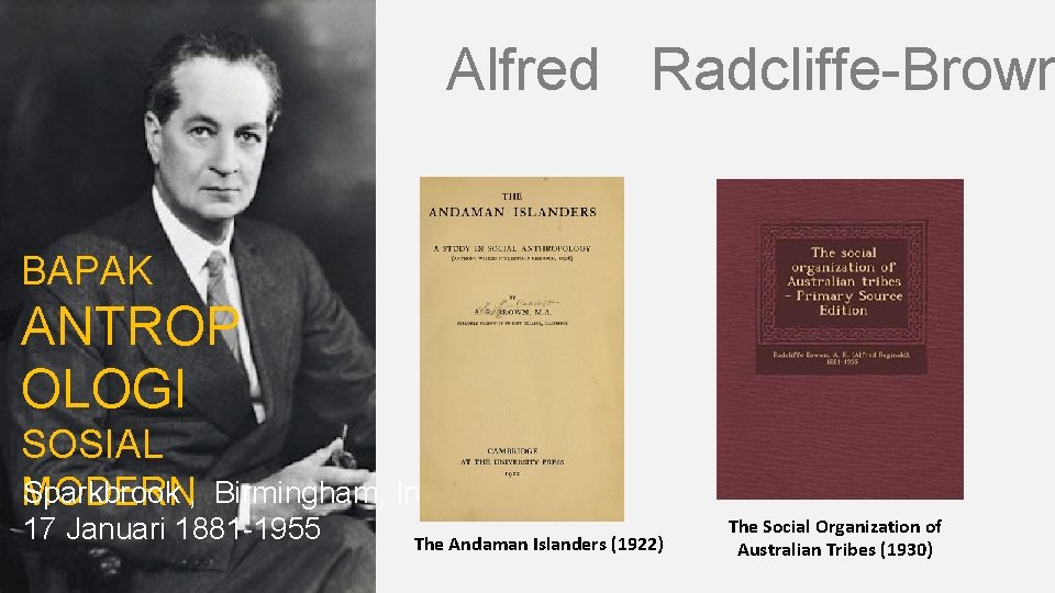 Alfred Radcliffe-Brown BAPAK ANTROP OLOGI SOSIAL Sparkbrook , Birmingham, Inggris MODERN 17 Januari 1881