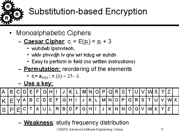 R R R Substitution-based Encryption • Monoalphabetic Ciphers – Caesar Cipher: ci = E(pi)