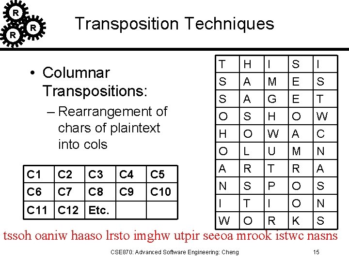 R R Transposition Techniques R • Columnar Transpositions: – Rearrangement of chars of plaintext