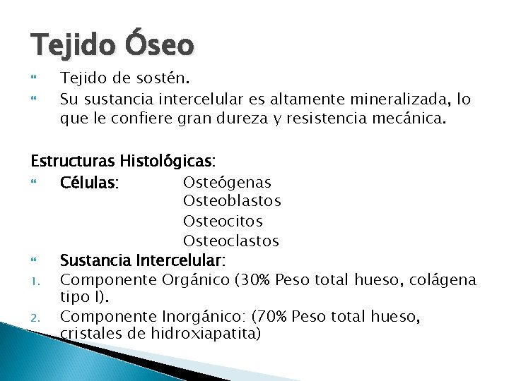 Tejido Óseo Tejido de sostén. Su sustancia intercelular es altamente mineralizada, lo que le