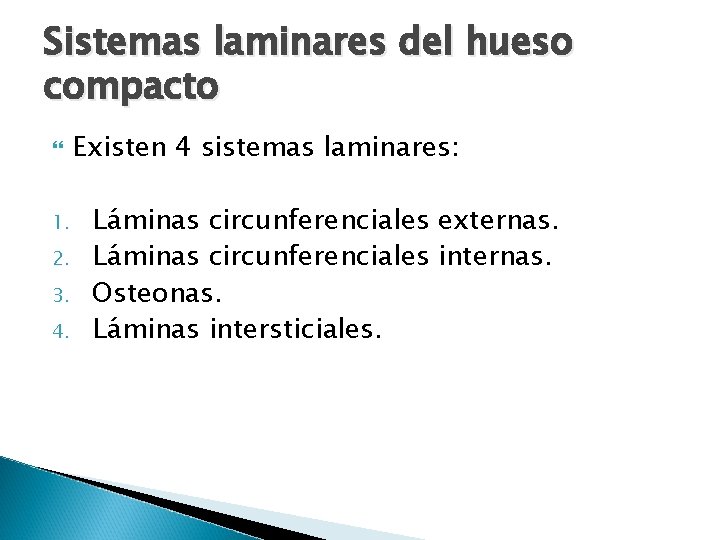 Sistemas laminares del hueso compacto 1. 2. 3. 4. Existen 4 sistemas laminares: Láminas