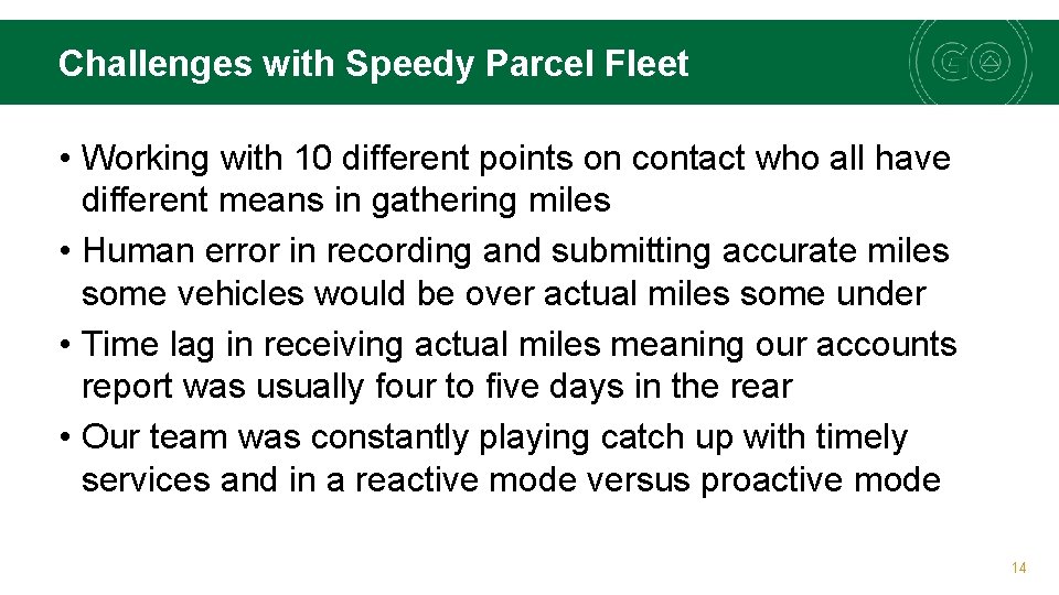 Challenges with Speedy Parcel Fleet • Working with 10 different points on contact who