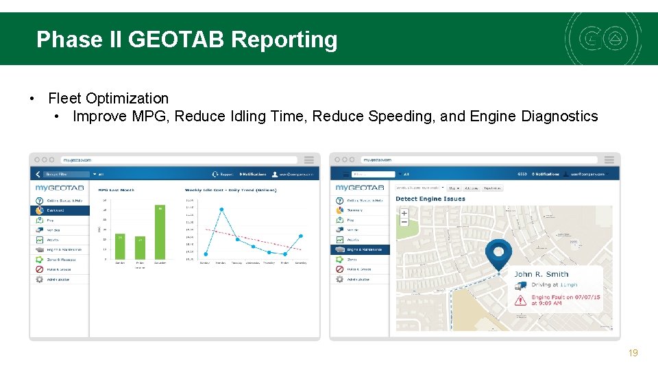 Phase II GEOTAB Reporting • Fleet Optimization • Improve MPG, Reduce Idling Time, Reduce