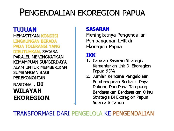 PENGENDALIAN EKOREGION PAPUA TUJUAN MEMASTIKAN KONDISI LINGKUNGAN BERADA PADA TOLERANSI YANG DIBUTUHKAN, SECARA PARALEL