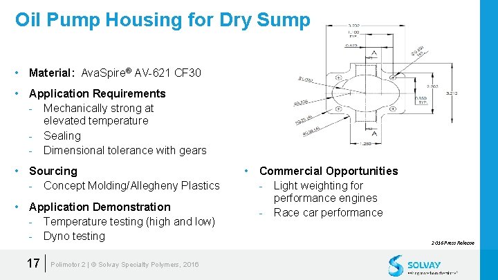 Oil Pump Housing for Dry Sump • Material: Ava. Spire® AV-621 CF 30 •