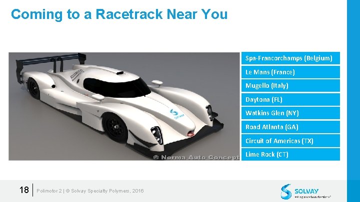 Coming to a Racetrack Near You Spa-Francorchamps (Belgium) Le Mans (France) Mugello (Italy) Daytona