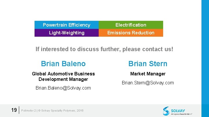 Powertrain Efficiency Electrification Light-Weighting Emissions Reduction If interested to discuss further, please contact us!