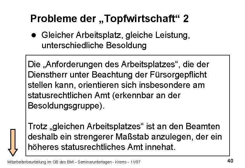 Probleme der „Topfwirtschaft“ 2 l Gleicher Arbeitsplatz, gleiche Leistung, unterschiedliche Besoldung Die „Anforderungen des