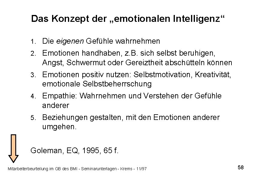 Das Konzept der „emotionalen Intelligenz“ 1. Die eigenen Gefühle wahrnehmen 2. Emotionen handhaben, z.