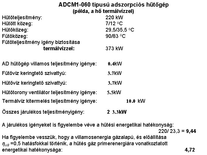 ADCM 1 -060 tipusú adszorpciós hűtőgép (példa, a hő termálvízzel) Hűtőteljesítmény: 220 k. W