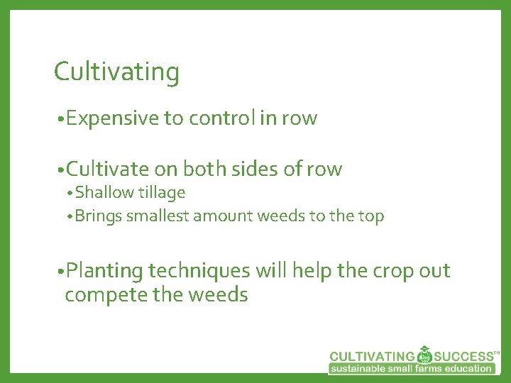 Cultivating • Expensive to control in row • Cultivate on both sides of row