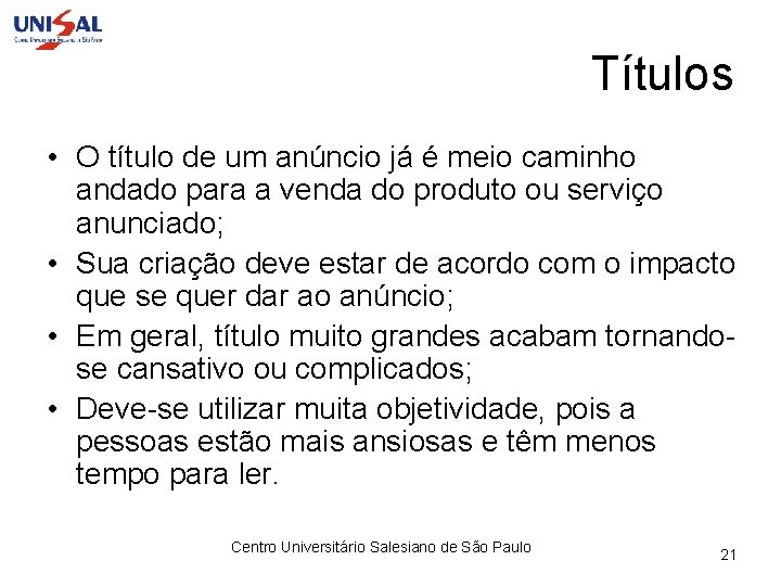 Títulos • O título de um anúncio já é meio caminho andado para a