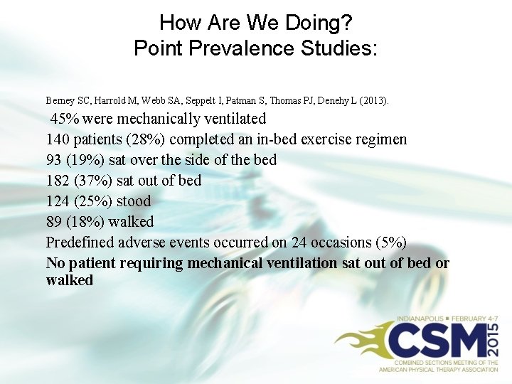 How Are We Doing? Point Prevalence Studies: Berney SC, Harrold M, Webb SA, Seppelt