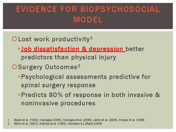 EVIDENCE FOR BIOPSYCHOSOCIAL MODEL Lost work productivity 1 § Job dissatisfaction & depression better