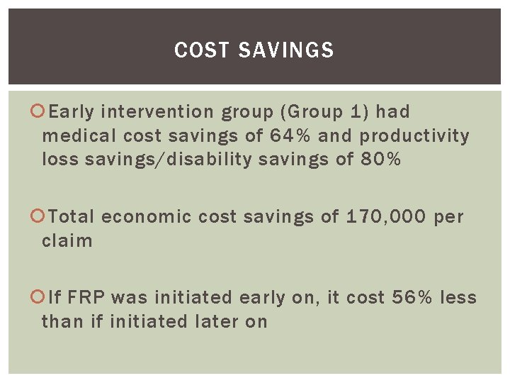 COST SAVINGS Early intervention group (Group 1) had medical cost savings of 64% and