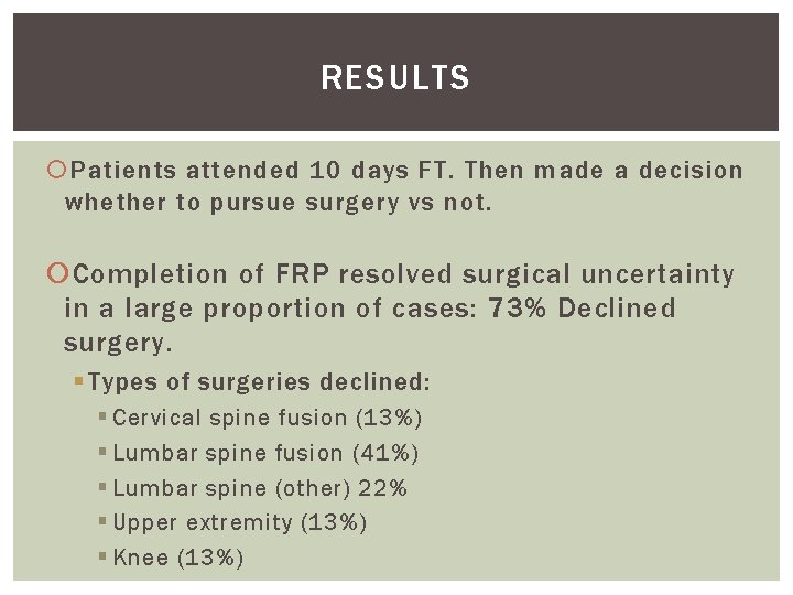 RESULTS Patients attended 10 days FT. Then made a decision whether to pursue surgery