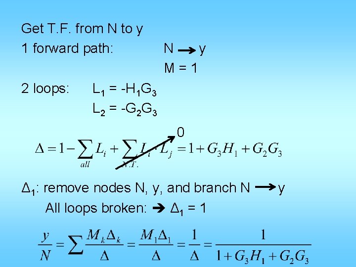 Get T. F. from N to y 1 forward path: 2 loops: N y Get T. F. from N to y 1 forward path: 2 loops: N y
