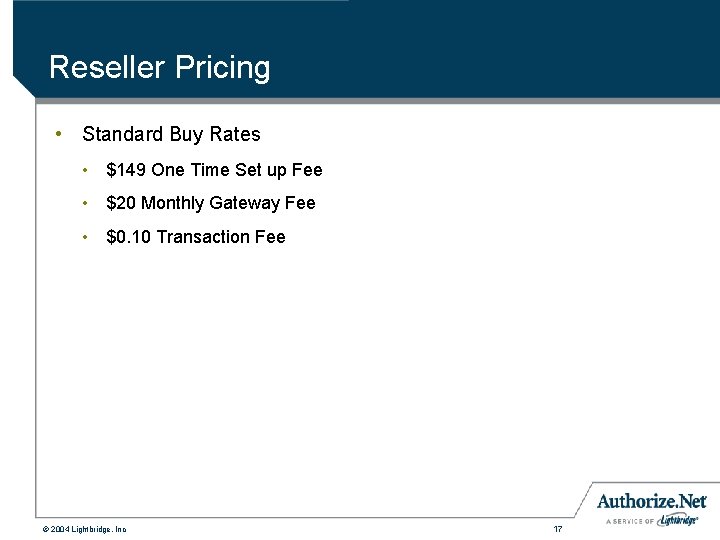 Reseller Pricing • Standard Buy Rates • $149 One Time Set up Fee •