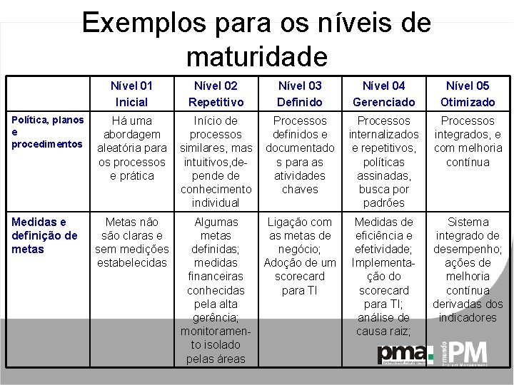 Exemplos para os níveis de maturidade Nível 01 Inicial Nível 02 Repetitivo Nível 03