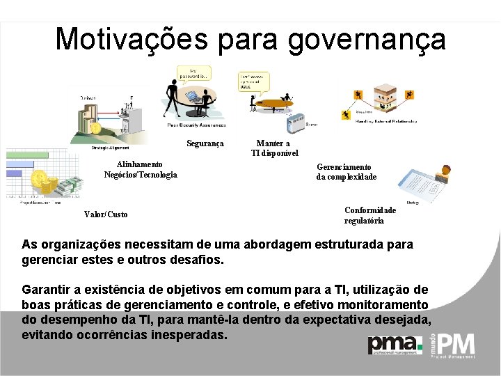 Motivações para governança Segurança Alinhamento Negócios/Tecnologia Valor/Custo Manter a TI disponível Gerenciamento da complexidade