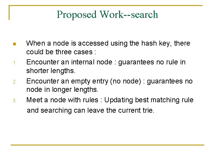 Proposed Work--search n 1. 2. 3. When a node is accessed using the hash