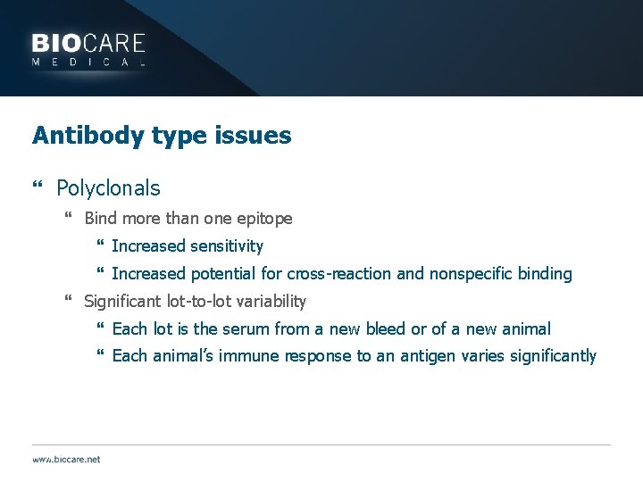 Antibody type issues } Polyclonals } Bind more than one epitope } Increased sensitivity