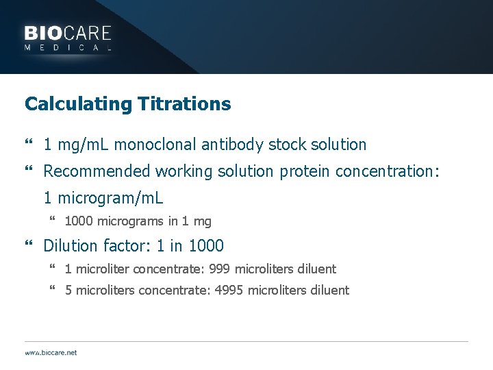 Calculating Titrations } 1 mg/m. L monoclonal antibody stock solution } Recommended working solution