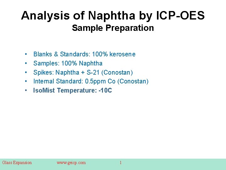 Analysis of Naphtha by ICP-OES Sample Preparation • • • Glass Expansion Blanks &