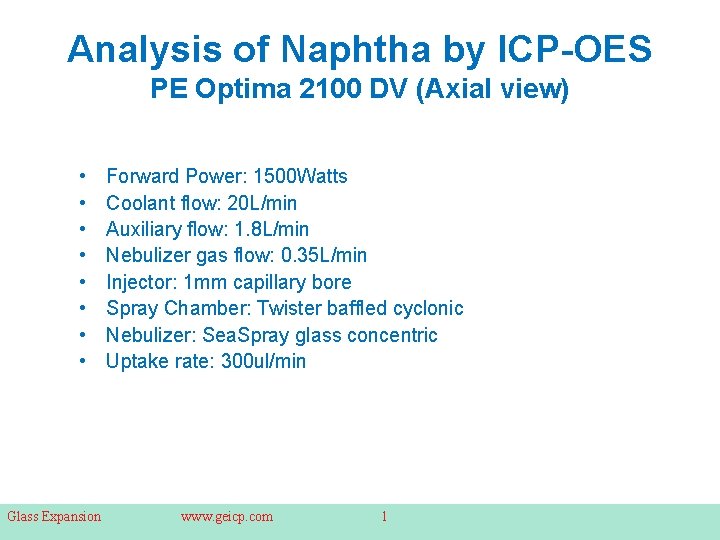 Analysis of Naphtha by ICP-OES PE Optima 2100 DV (Axial view) • • Glass