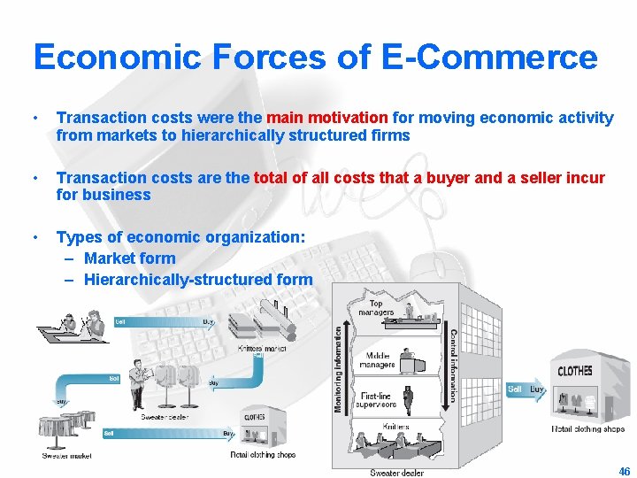 Economic Forces of E-Commerce • Transaction costs were the main motivation for moving economic