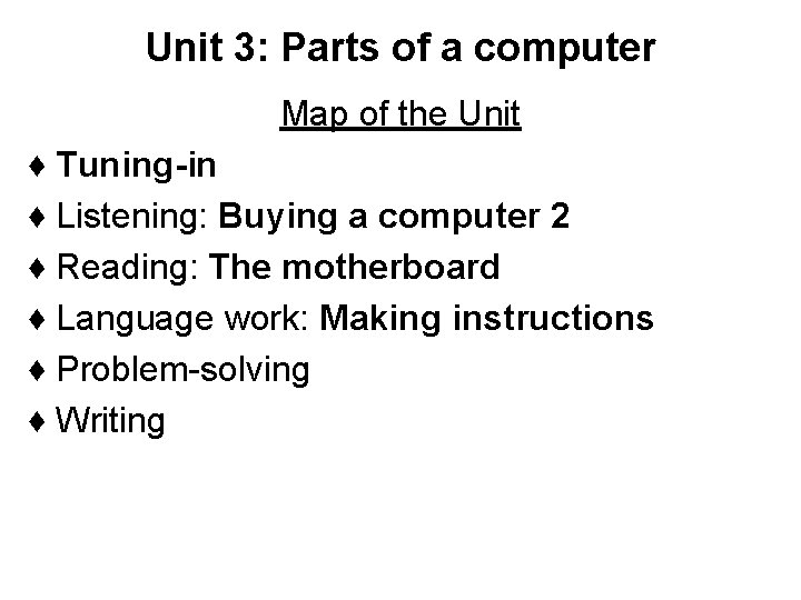 Unit 3: Parts of a computer Map of the Unit ♦ Tuning-in ♦ Listening: