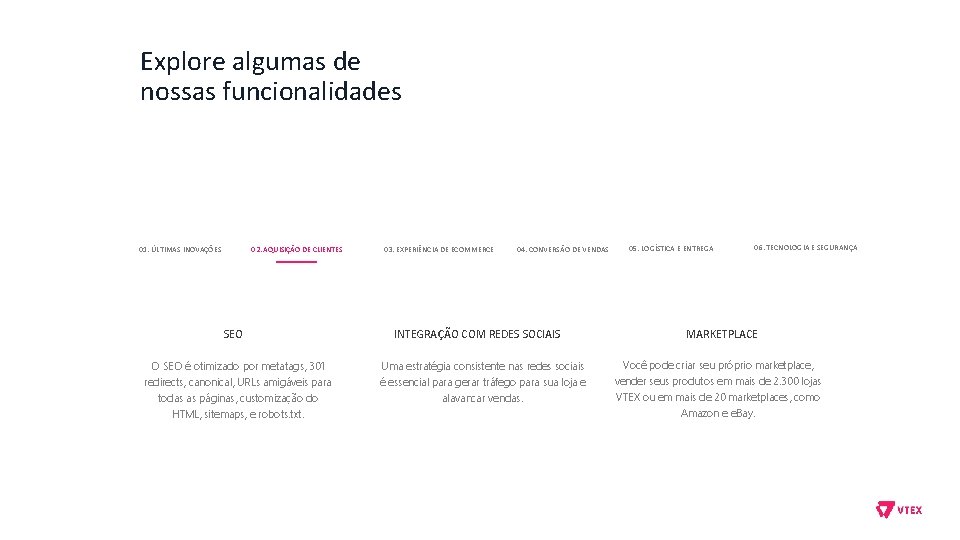 Explore algumas de nossas funcionalidades 01. ÚLTIMAS INOVAÇÕES 02. AQUISIÇÃO DE CLIENTES SEO O