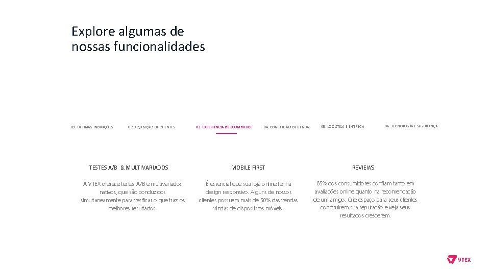 Explore algumas de nossas funcionalidades 01. ÚLTIMAS INOVAÇÕES 02. AQUISIÇÃO DE CLIENTES TESTES A/B