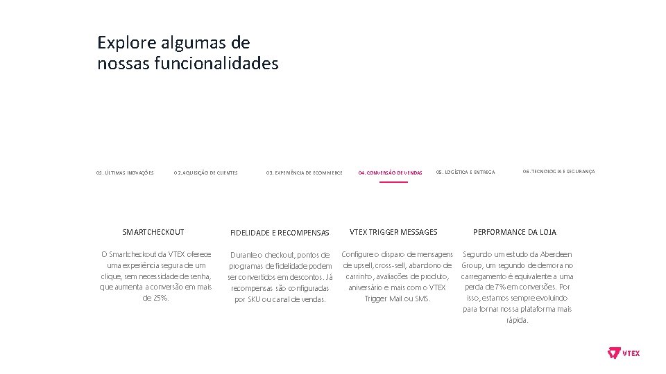 Explore algumas de nossas funcionalidades 01. ÚLTIMAS INOVAÇÕES 02. AQUISIÇÃO DE CLIENTES SMARTCHECKOUT O