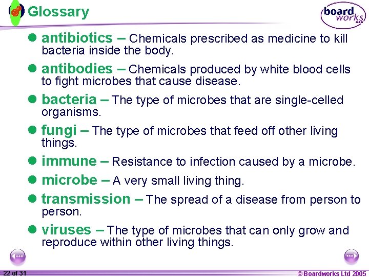 Glossary l antibiotics – Chemicals prescribed as medicine to kill bacteria inside the body.