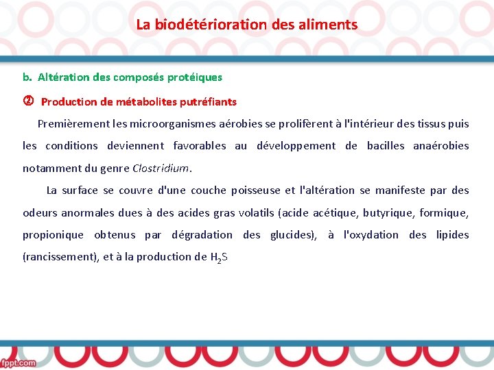 La biodétérioration des aliments b. Altération des composés protéiques Production de métabolites putréfiants Premièrement