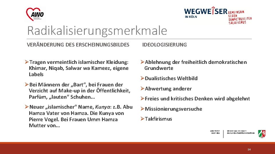 Radikalisierungsmerkmale VERÄNDERUNG DES ERSCHEINUNGSBILDES ØTragen vermeintlich islamischer Kleidung: Khimar, Niqab, Salwar wa Kameez, eigene