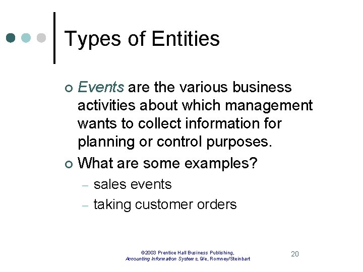 Types of Entities Events are the various business activities about which management wants to