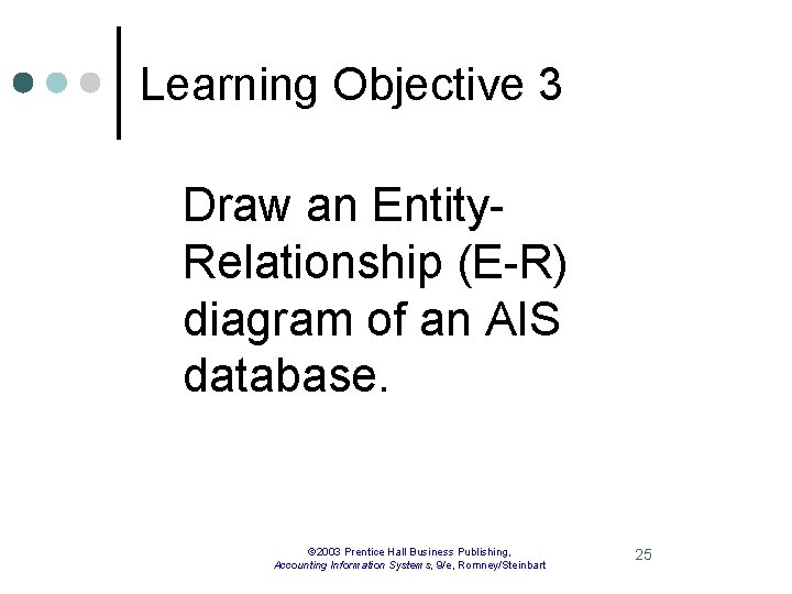 Learning Objective 3 Draw an Entity. Relationship (E-R) diagram of an AIS database. ©