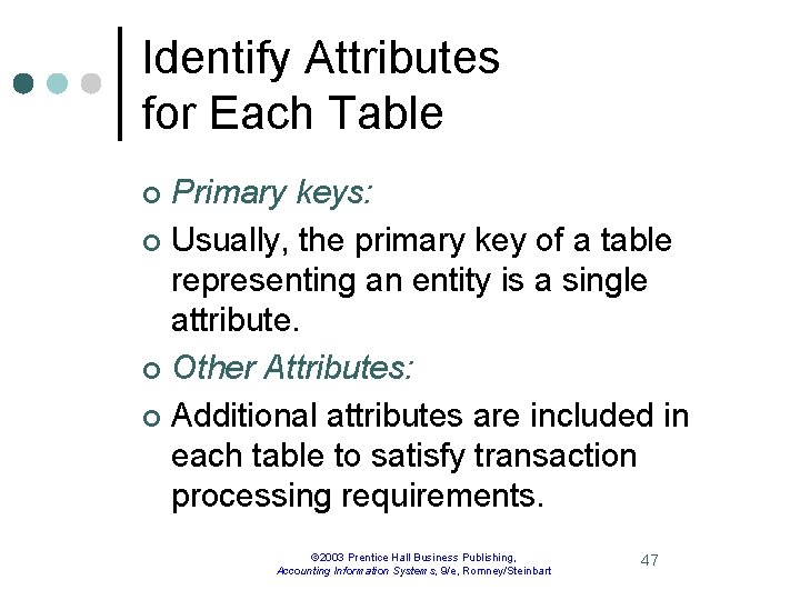 Identify Attributes for Each Table Primary keys: ¢ Usually, the primary key of a