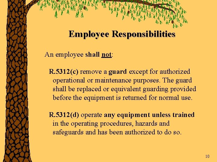 Employee Responsibilities An employee shall not: R. 5312(c) remove a guard except for authorized