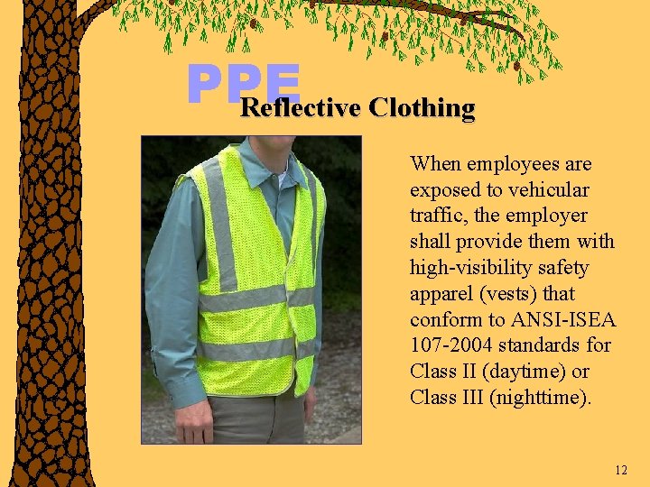 PPE Reflective Clothing When employees are exposed to vehicular traffic, the employer shall provide
