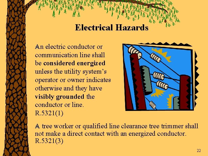 Electrical Hazards An electric conductor or communication line shall be considered energized unless the