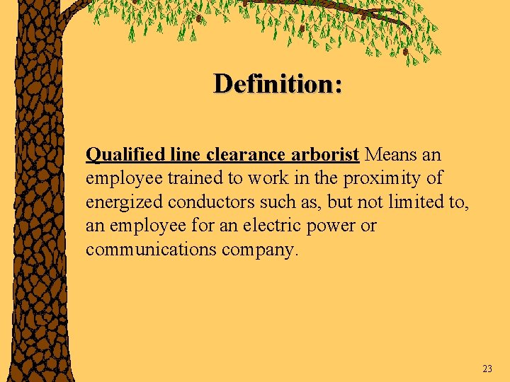 Definition: Qualified line clearance arborist Means an employee trained to work in the proximity