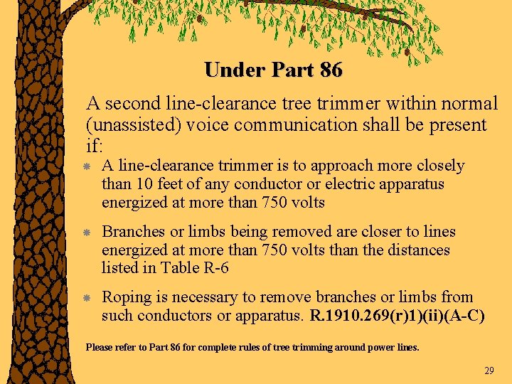 Under Part 86 A second line-clearance tree trimmer within normal (unassisted) voice communication shall