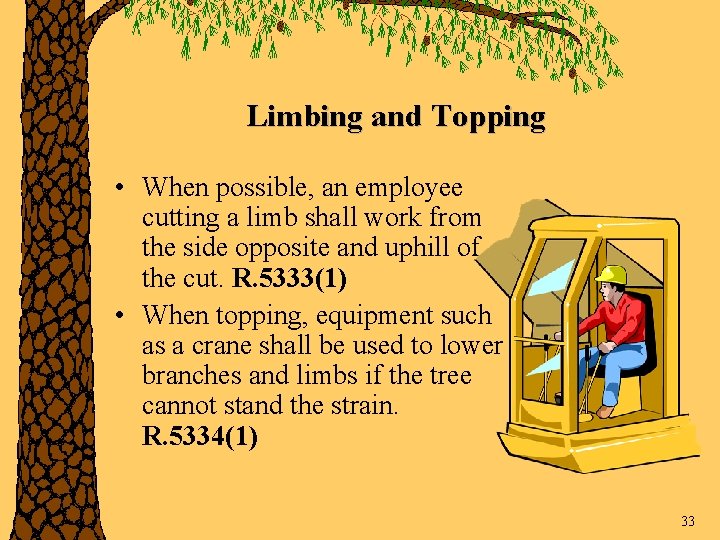 Limbing and Topping • When possible, an employee cutting a limb shall work from