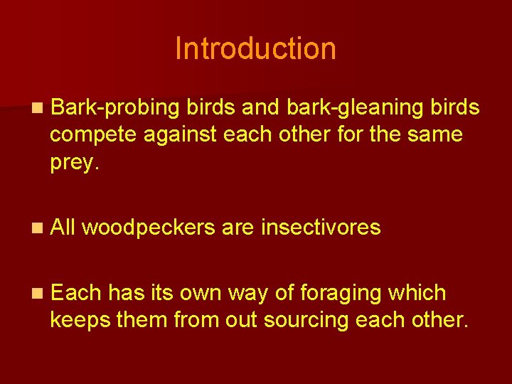 Introduction n Bark-probing birds and bark-gleaning birds compete against each other for the same