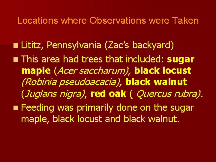 Locations where Observations were Taken n Lititz, Pennsylvania (Zac’s backyard) n This area had