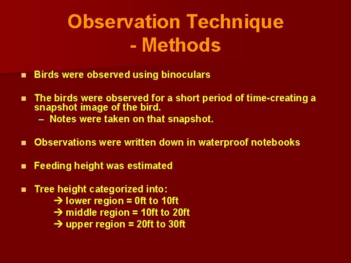 Observation Technique - Methods n Birds were observed using binoculars n The birds were